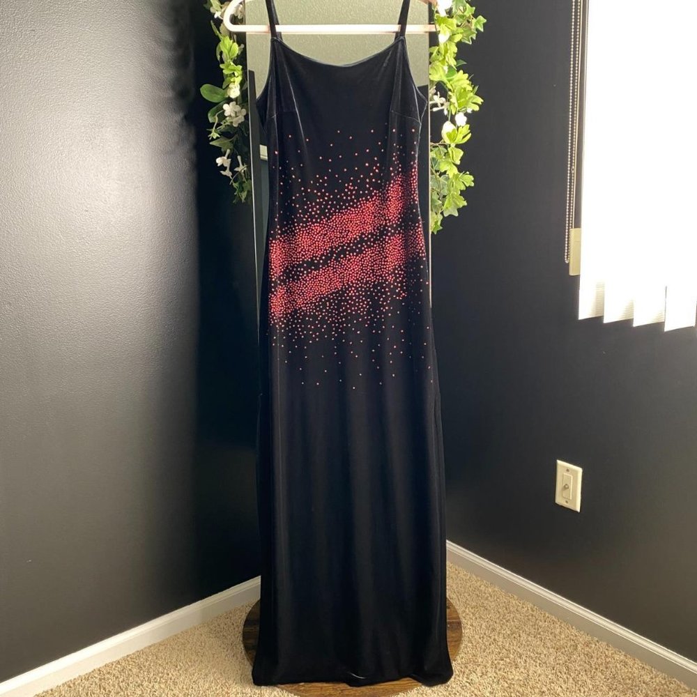 Vintage 90s Morgan & Co Black Velvet Red Rhinestone Prom Maxi Dress